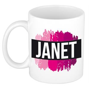 Bellatio Janet naam cadeau mok / beker met roze verfstrepen - Cadeau collega/ moederdag/ verjaardag of als persoonlijke mok werknemers