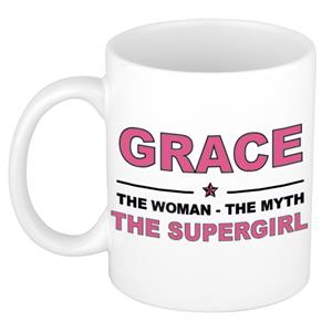 Bellatio Naam cadeau Grace - The woman, The myth the supergirl koffie mok / beker 300 ml - naam/namen mokken - Cadeau voor o.a verjaardag/ moederdag/ pensioen/ geslaagd/ bedankt