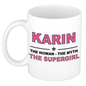 Bellatio Naam cadeau Karin - The woman, The myth the supergirl koffie mok / beker 300 ml - naam/namen mokken - Cadeau voor o.a verjaardag/ moederdag/ pensioen/ geslaagd/ bedankt