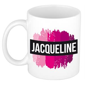 Bellatio Jacqueline naam cadeau mok / beker met roze verfstrepen - Cadeau collega/ moederdag/ verjaardag of als persoonlijke mok werknemers