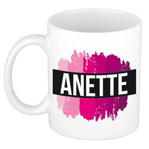 Bellatio Anette naam cadeau mok / beker met roze verfstrepen - Cadeau collega/ moederdag/ verjaardag of als persoonlijke mok werknemers