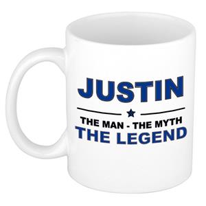 Bellatio Naam cadeau Justin - The man, The myth the legend koffie mok / beker 300 ml - naam/namen mokken - Cadeau voor o.a verjaardag/ vaderdag/ pensioen/ geslaagd/ bedankt