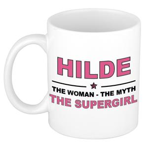 Bellatio Naam cadeau Hilde - The woman, The myth the supergirl koffie mok / beker 300 ml - naam/namen mokken - Cadeau voor o.a verjaardag/ moederdag/ pensioen/ geslaagd/ bedankt