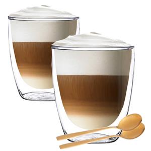 Altom Design Luxe Dubbelwandige Theeglazen - Cappuccino Glazen - Koffieglas Dubbelwandig et Lepel - 300 Ml et Van 2