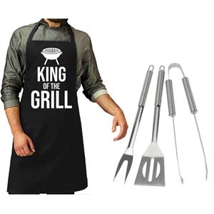BBQ Collection Bbq/barbecue Gereedschap Set 3-delig Rvs Met Zwart Schort King Of The Grill - Barbecuegereedschapset