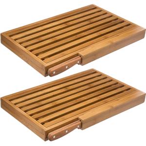 5five 2x Stuks brood snijplank met kruimel opvangbak 44 x 27 cm van bamboe hout inclusief broodmes -
