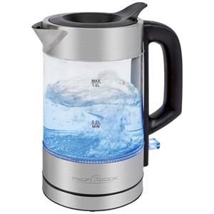 ProfiCook Wasserkocher PC-WKS 1229 G, Wasserkocher Glas Edelstahl mit LED Beleuchtung 1 Liter, hitzebeständiger Glaswasserkocher Edelstahl mit Einhandbedienung, mit Wasserstandanzeige, Teekocher 