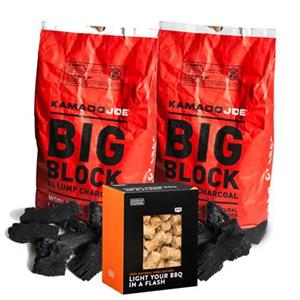 2 zakken houtskool Big Block Kamado Joe + 1 doos aanmaakwokkels