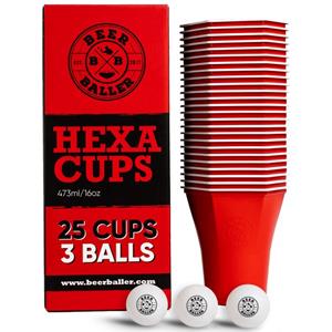 BeerBaller Becher » Hexa Cups - 25 Sechseckige Beer Pong Becher & 3 Bierpong Bällen als Set«, 16oz/473ml