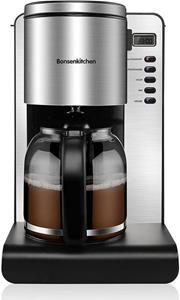 Bonsenkitchen Filterkaffeemaschine  Kaffeemaschine, 900 W Filterkaffeemaschine, 1,5 l programmierbarer digitaler Timer, Permanentfilter, Glaskaraffe für 10 Tassen, Aromawähler, 