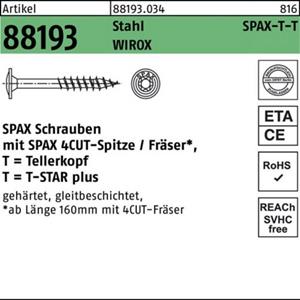 SPAX Teller »100er Pack Tellerkopfschraube R 88193 Spitze/T-STAR 10x220/80-T50 Sta verz. WIROX 25St Artikel 88193 Stahl -T-T Oberfläche WIROX  Schrauben mit Spitze/Fräser T