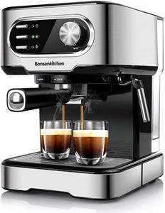 Bonsenkitchen Espressomaschine  Espressomaschine 15 Bar für Cappuccino, Latte Macchiato, Espresso, mit abnehmbarem Wassertank, Milchdampfdüse, 2-Tassen-Funktion, Edelstahl, 850 