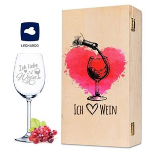 GRAVURZEILE Rotweinglas »Weinglas & Holzkiste - Ich Liebe Wein«, Glas
