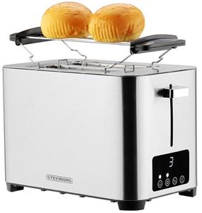 STEINBORG Toaster SB-2090, 2 kurze Schlitze, für 2 Scheiben, 850 W, Edelstahl Gehäuse, mit Brötchenaufsatz, mit Krümelschublade, Digitales Display mit Countdown