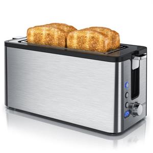 Arendo Toaster, 2 lange Schlitze, für 4 Scheiben, 1400 W, Edelstahl Toaster Langschlitz 4 Scheiben - Defrost Funktion - wärmeisolierendes Gehäuse - mit integrierten Brötchenaufsatz