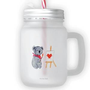 Mr. & Mrs. Panda Longdrinkglas »Koala Künstler - Transparent - Geschenk, Mason Jar, Cocktailglas, Koalabär, Glas, mit Decke, Trinkglas, Liebensbeweis, Strohhalm, Liebe«, Premium 