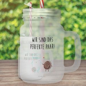 Mr. & Mrs. Panda Longdrinkglas »Milch & Keks - Transparent - Geschenk, Tiere, perfektes Paar, mit Decke, Kekse, Einladung Frühstück, süße Tiermotive, Henkelglas, lustige Spr