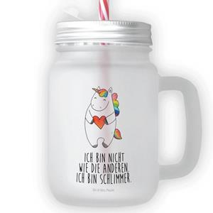 Mr. & Mrs. Panda Longdrinkglas »Einhorn Herz - Transparent - Geschenk, mit Decke, Einhörner, Sommerglas, schlimm, lustig, Einhorn Deko, Henkelglas, Einmachglas, Strohhalm, Trinkglas«,