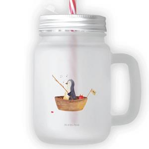 Mr. & Mrs. Panda Longdrinkglas »Pinguin Angelboot - Transparent - Geschenk, Strohhalm, Mason Jar, Neustart, Cocktailglas, optimistisch, genießen, mit Decke, Henkelglas, Angeln«, Prem