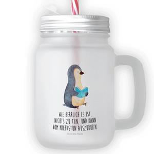 Mr. & Mrs. Panda Longdrinkglas »Pinguin Buch - Transparent - Geschenk, Ferien, entspannen, Nichtstun, Trinkhalm, Sommerglas, Bücherwurm, Einmachglas, mit Decke, Lesen, Glas«, Premium 