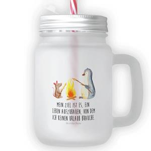 Mr. & Mrs. Panda Longdrinkglas »Pinguin Lagerfeuer - Transparent - Geschenk, Mason Jar, Glas, Trinkhalm, Trinkglas, Henkelglas, Maus, Pinguine, Cocktailglas«, Premium Glas