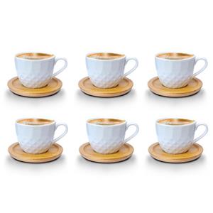 Fiora Kaffeeservice »Kaffeetassen Espressotassen Cappuccinotassen mit untersetzer Porzellan 6 Tassen + 6 Untersetzer Holz Optik Weisse Kaffeetassen Set« (12-tlg), Porzellan, Kaffeeservice 