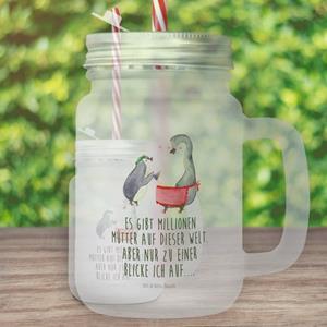 Mr. & Mrs. Panda Longdrinkglas »Pinguin mit Kind - Transparent - Geschenk, Schwester, Mami, Sommerglas, Mutter, Mama, Familie, Einmachglas, Cocktailglas, Mason Jar, Bruder, Mom«, Premium G