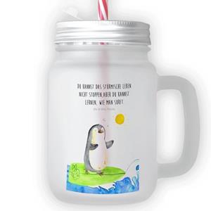 Mr. & Mrs. Panda Longdrinkglas »Pinguin Surfer - Transparent - Geschenk, mit Decke, Trinkglas, surfen, Henkelglas, Strohhalm, Einmachglas, Wellen, Portugal, Pinguine, Glas«, Premium Glas