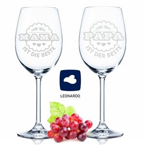 GRAVURZEILE Rotweinglas »Leonardo Weingläser Mama ist die Beste & Papa ist der Beste im Set - Geschenk für Mama & Papa - Muttertag & Vatertag, Geschenk für Eltern«, Glas