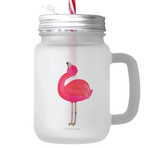 Mr. & Mrs. Panda Longdrinkglas »Flamingo stolz - Transparent - Geschenk, Freude, Trinkglas, Freundin, Einmachglas, Tochter, mit Decke, Mason Jar, Sommerglas, Glas«, Premium Glas