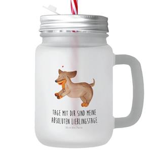 Mr. & Mrs. Panda Longdrinkglas »Hund Dackel fröhlich - Transparent - Geschenk, Strohhalm, Trinkglas, happy dog, Vierbeiner, Hunde, Hunderasse, Henkelglas, Sprüche, Einmachglas«, 