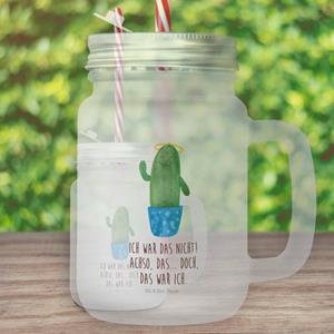 Mr. & Mrs. Panda Longdrinkglas »Kaktus Heilig - Transparent - Geschenk, Mason Jar, Familie, Henkelglas, Heiligenschein, mit Decke, Einmachglas, Strohhalm, Kind, Kakteen«, Premium Glas