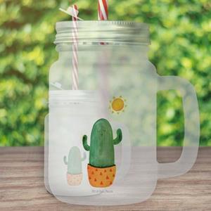 Mr. & Mrs. Panda Longdrinkglas »Kaktus Sonnenanbeter - Transparent - Geschenk, Sommerglas, Mason Jar, Kakteen, Glas, mit Decke, Geschenkidee, Henkelglas, Cocktailglas, Glück«, Premium