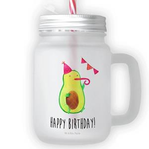 Mr. & Mrs. Panda Longdrinkglas »Avocado Birthday - Transparent - Geschenk, Mason Jar, Gesund, Strohhalm, Party, Vegan, Einmachglas, Trinkhalm, Trinkglas, Veggie, Glas«, Premium Glas
