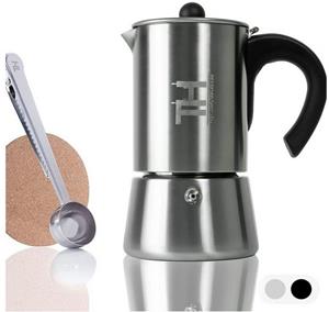 Thiru Espressokocher Espressokocher Induktion , Espressokanne Edelstahl, Edelstahl Filter, Premium Mokkakanne aus Edelstahl inkl. Toolset