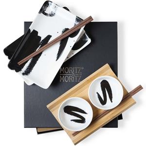 Moritz & Moritz Tafelservice »Sushi Set Pinselstriche schwarz« (10-tlg), Porzellan, Geschirrset für 2 Personen