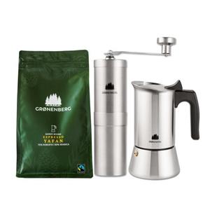 GRØNENBERG Espressokocher Spar Set 9: Kaffeemühle + Bio Espressobohnen 250g + Espressokocher, 0.2l Kaffeekanne, Induktion geeignet & Inkl. Ersatz Dichtung