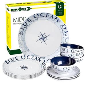 BRUNNER Geschirr-Set »Melamin Campinggeschirr BLUE OCEAN (8, 12, 16 oder 36-Teilig), Rutschfest, Leicht« (12-tlg)