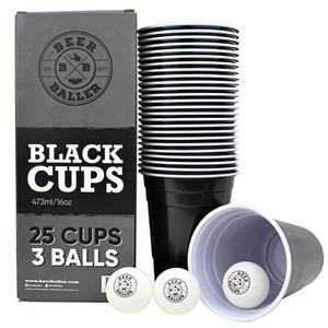 BeerBaller Becher » Black Cups - 25 schwarze Beer Pong Becher & 3 Bierpong Bälle als Set«, 16oz/473ml