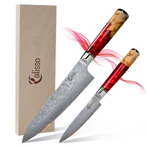 Calisso Messer-Set »Küchenmesser Ruby Line Messerset« (Starter Set, 2-tlg), Damaskus Stahl