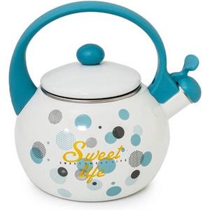 Meyerhoff Fluitketel Theepot Look Sweet Life Emaille Wit Turquoise 2.2 Liter