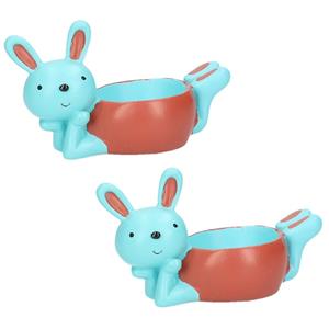 4x stuks eierdopjes liggende konijn/haas blauw/rood 10 x 6 cm -