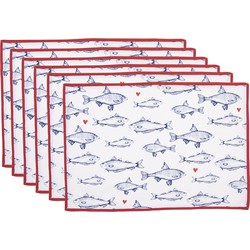 Clayre & Eef Placemats Set van 6 48x33 cm Wit Blauw Katoen Rechthoek Vissen Tafelmat