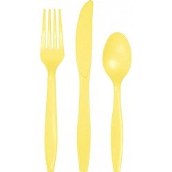 Geel plastic party bestek set 48-delig - messen/vorken/lepels - herbruikbaar - BBQ verjaardag feestje artikelen - Feestbestek