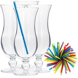 Cocktail glazen - 4 stuks - 440 ml - incl. 100x duurzame rietjes - gekleurd - Drinkglazen