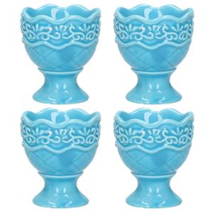 Excellent Houseware Eierdop - 4x - porselein - pastel blauw - 5,5 x 6,5 cm -