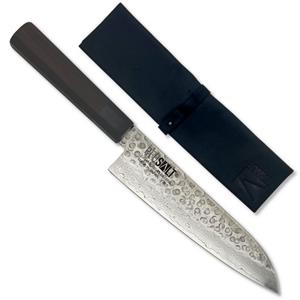 REDSALT Damastmesser SANTOKU 18cm Profi Küchenmesser mit Ledertasche & Klingenschutz, handgefertigt, Made in Japan