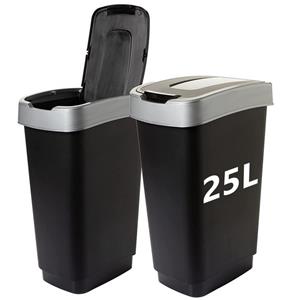 Centi Mülleimer 2 Abfalleimer 25 L mit Schwingdeckel, Mülleimer Küche, Mülltonne Tonne mit Deckel, Farbe: schwarz/silber, Made in EU