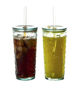 BigDean Longdrinkglas 2x Coca-Cola Gläser 0,5 l mit Strohhalm Rauten To Go Becher, Glas