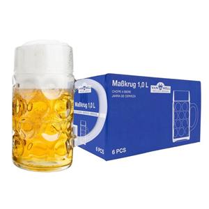 Van Well Bierglas 6er Set Maßkrug Wellco - 1 Liter Bierkrug aus Glas - geeicht